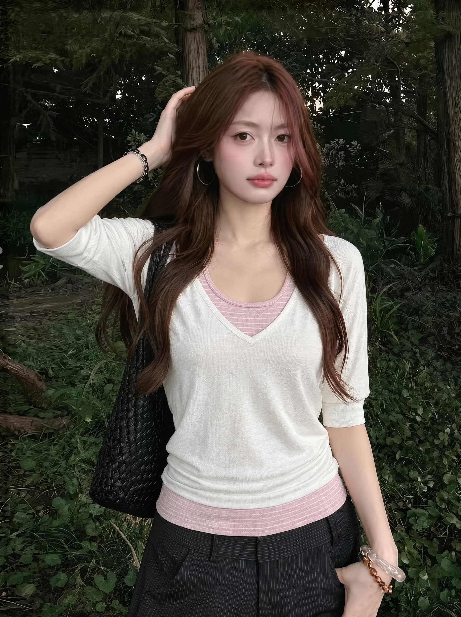 사람들 면 원본 컬러 짜임 기사 투피스 세트 배색 슬립 스택 착용 맨위 투피스 조끼 트렌디 이미지 4
