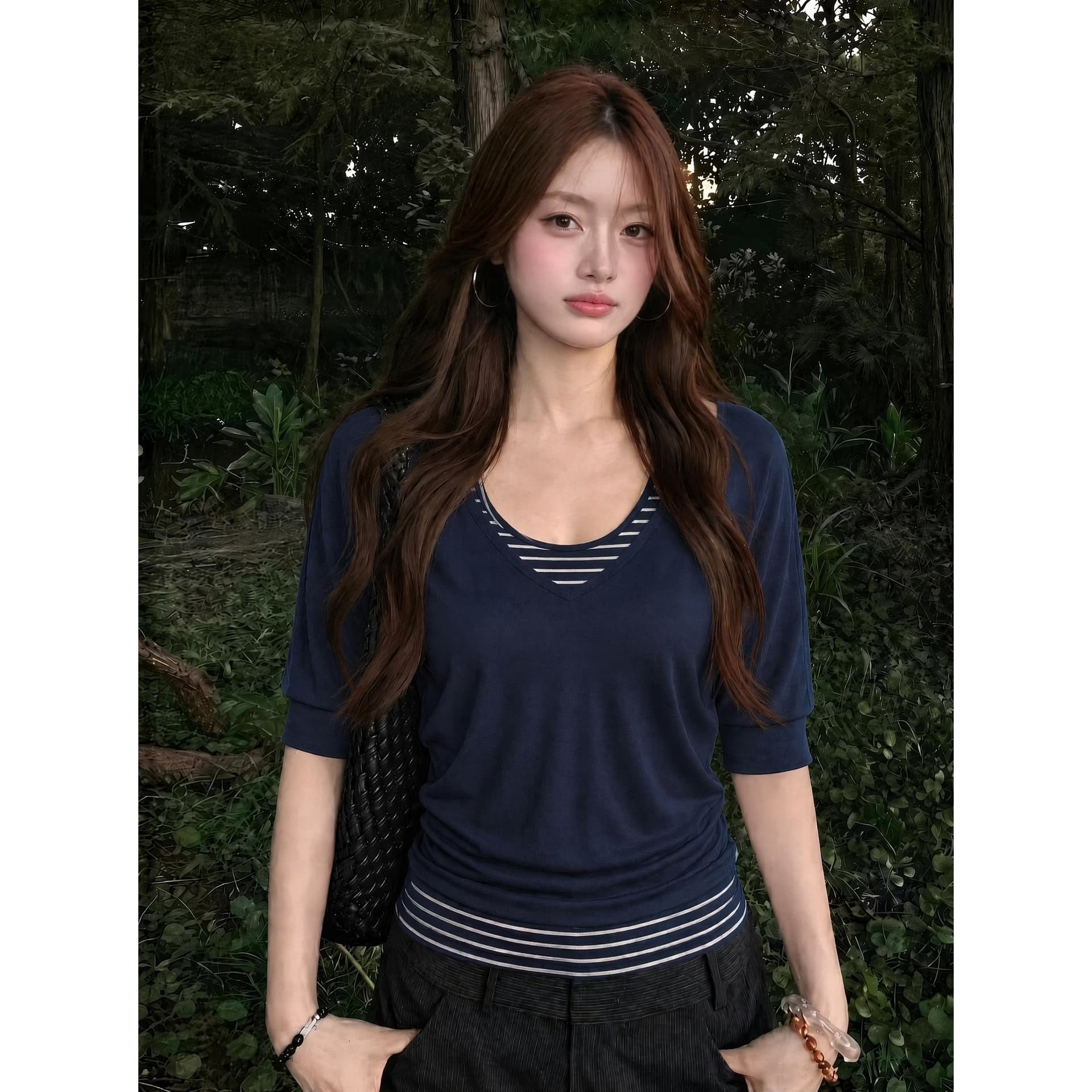 사람들 면 원본 컬러 짜임 기사 투피스 세트 배색 슬립 스택 착용 맨위 투피스 조끼 트렌디 이미지 5