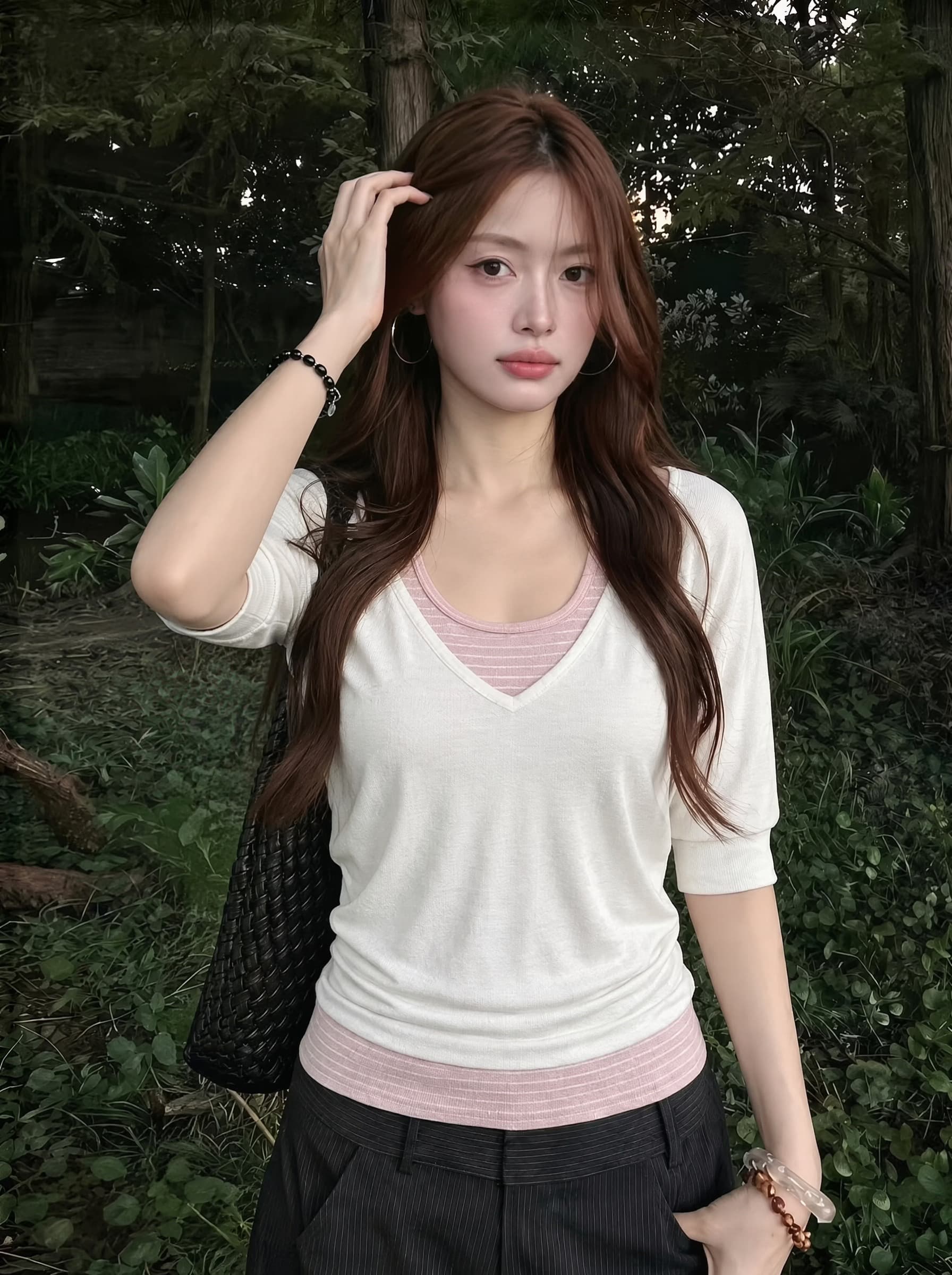 사람들 면 원본 컬러 짜임 기사 투피스 세트 배색 슬립 스택 착용 맨위 투피스 조끼 트렌디 상세 이미지 3