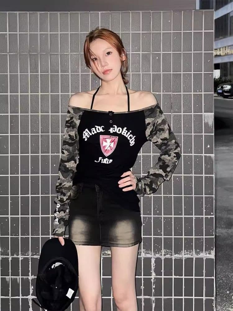 긴팔 티셔츠 여성 프린트 카모플라주 기본 셔츠 패치워크 몸매 가꾸기 슬림해 보이는 작은 대중 맨위 이미지 3