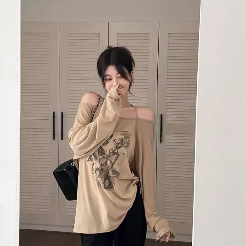 나비 프린트 오프숄더 티셔츠 여성 여름 중간 길이 느긋한 바람 오프숄더 맨위 트렌디 상세 이미지 7