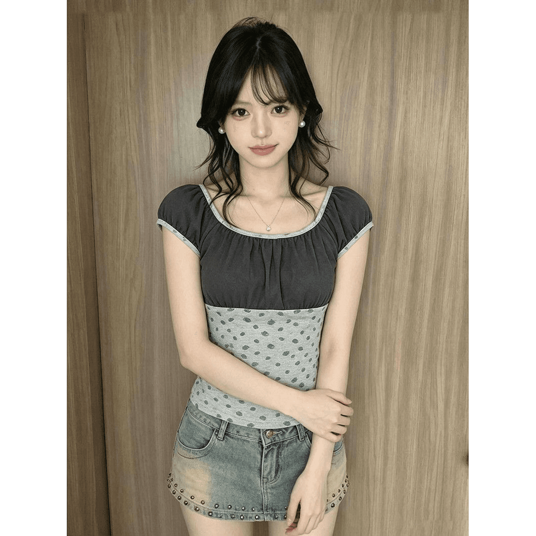 40 순면 210 그램 여름 새로운 패션 한 부서 패치워크 색상 배색 반팔 맨위 이미지 5