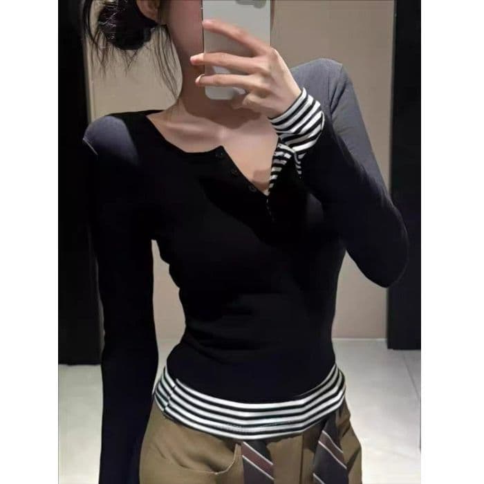 사람들 면 260 그램 원본 품질 디자인 센스 핫걸 스트라이프 패치워크 티셔츠 여성 의류 가을 패치워크 반 개방 칼라