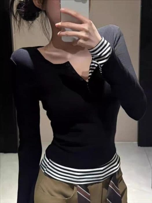 사람들 면 260 그램 원본 품질 디자인 센스 핫걸 스트라이프 패치워크 티셔츠 여성 의류 가을 패치워크 반 개방 칼라 상세 이미지 4