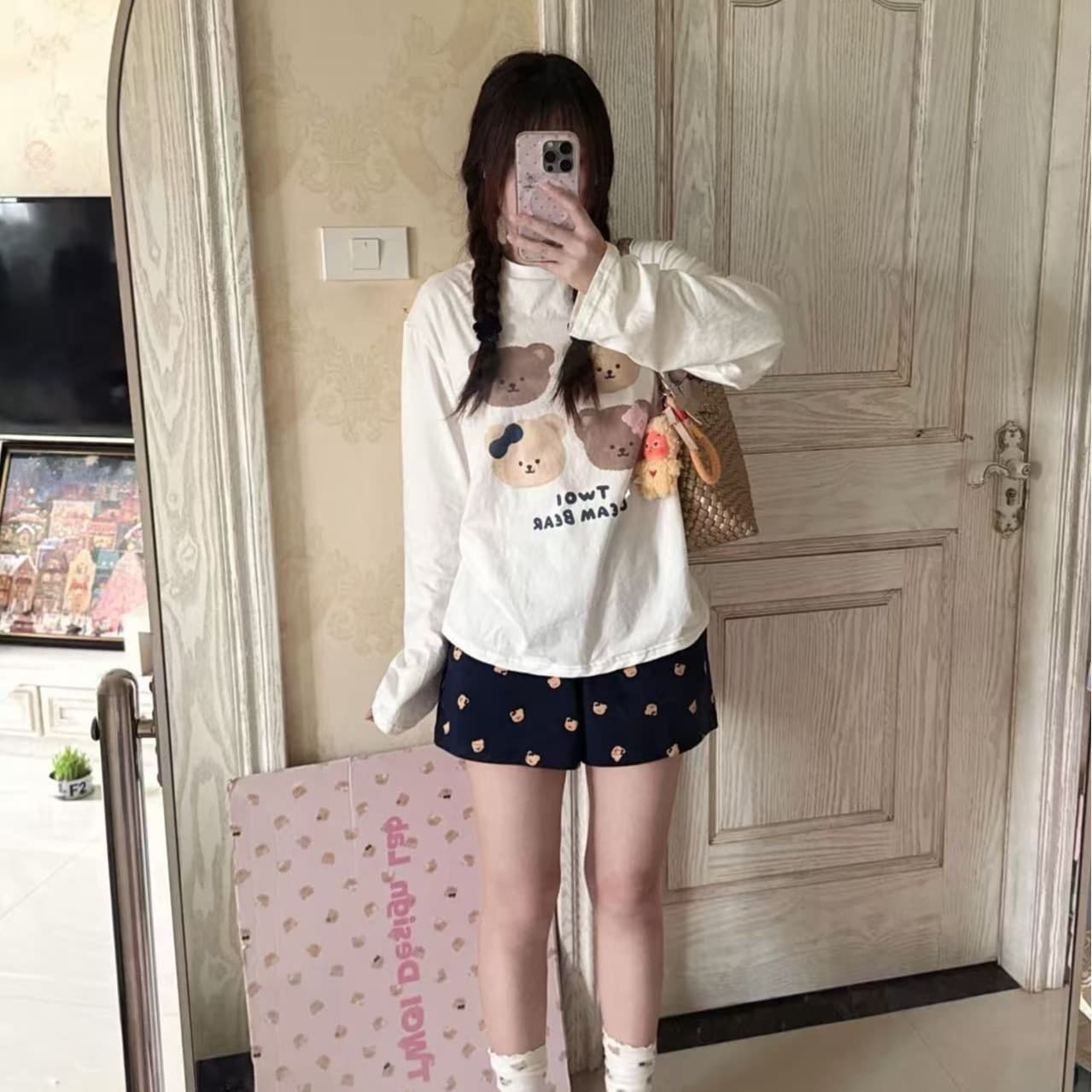 높은 품질 순면 200그램 21 빗질하다 정밀 프린트 가을 루즈핏 긴팔 티셔츠 여성 이미지 5