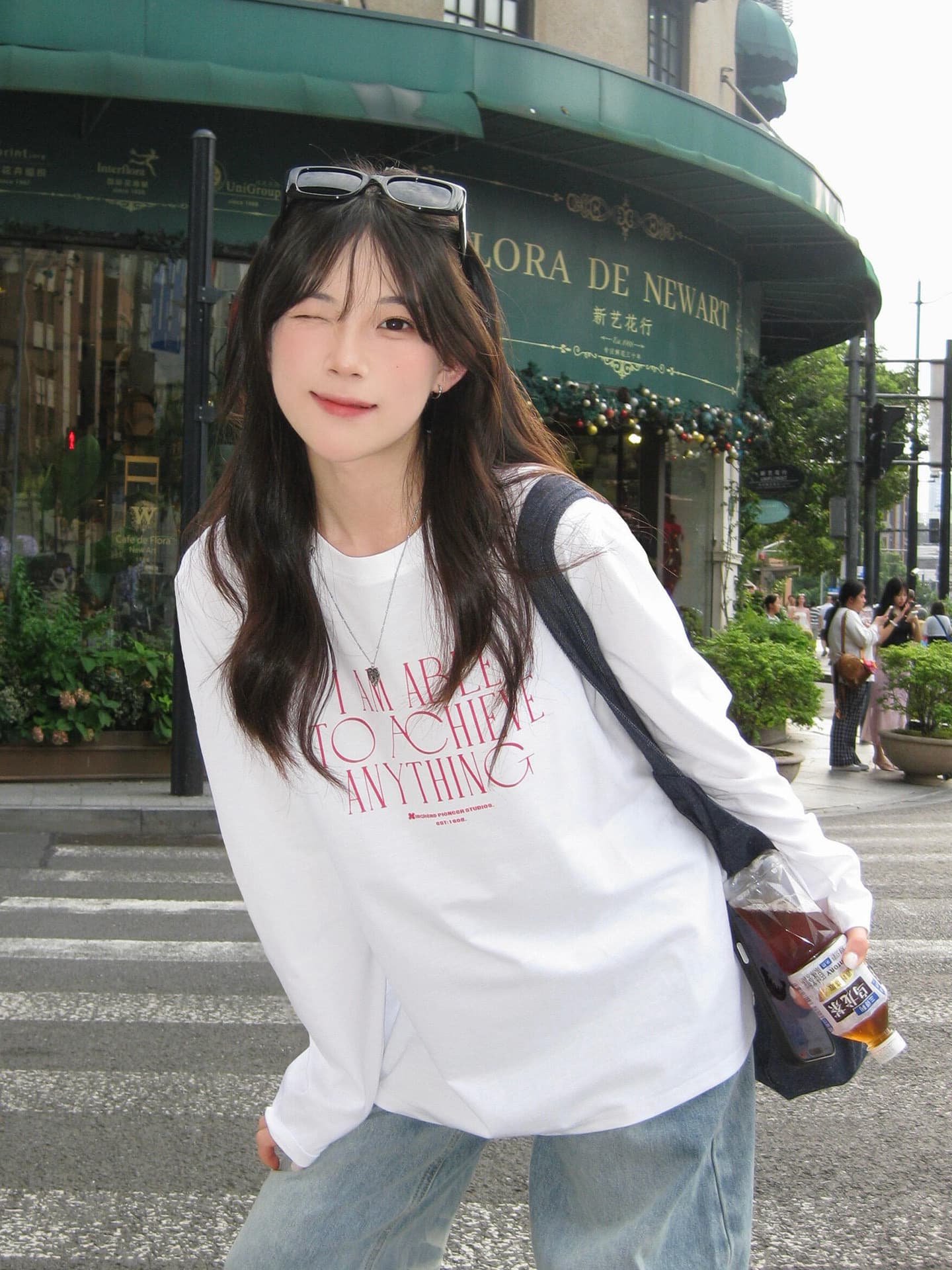 높은 품질 순면 200그램 21 빗질하다 정밀 프린트 가을 루즈핏 긴팔 티셔츠 여성 상세 이미지 1