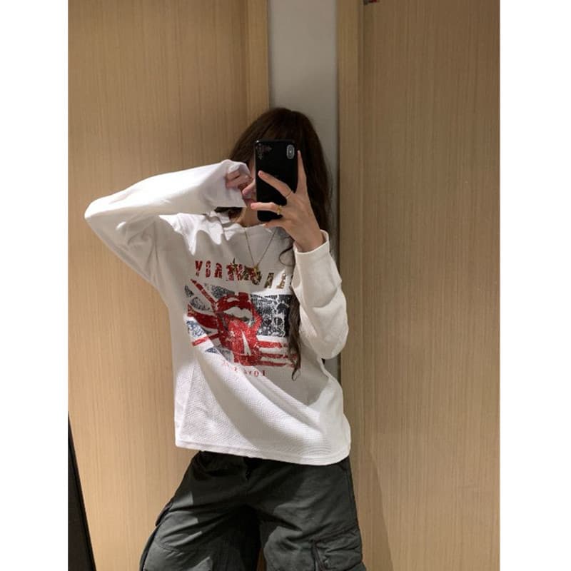 높은 품질 순면 200그램 21 빗질하다 정밀 프린트 가을 루즈핏 긴팔 티셔츠 여성 이미지 2