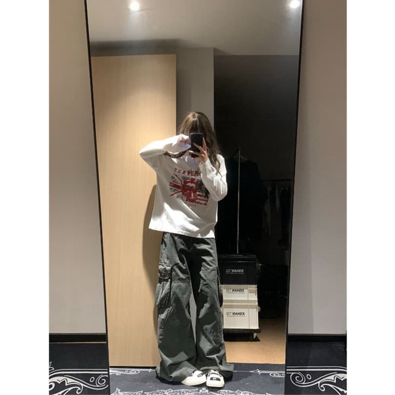 높은 품질 순면 200그램 21 빗질하다 정밀 프린트 가을 루즈핏 긴팔 티셔츠 여성 이미지 3