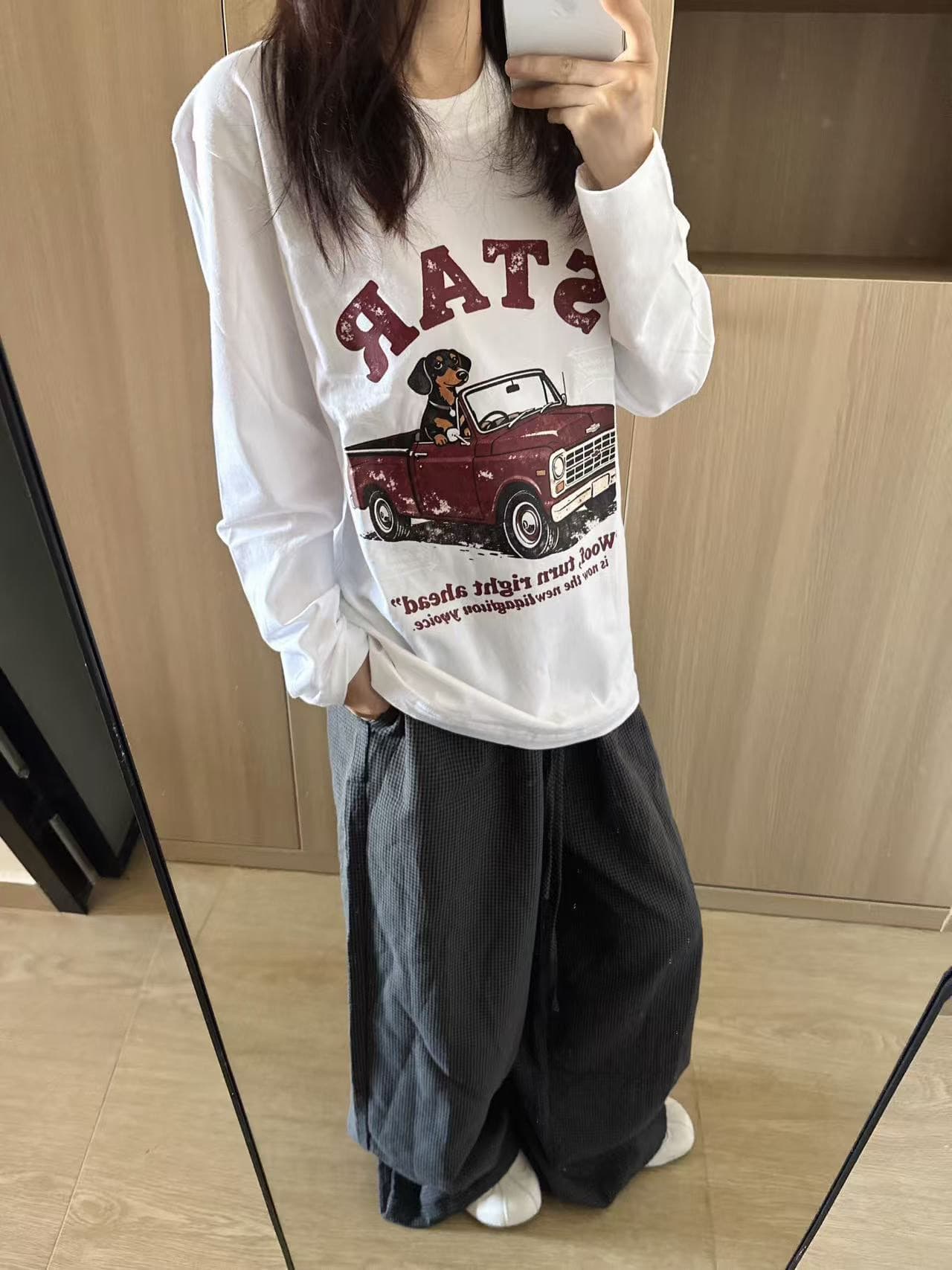 높은 품질 순면 200그램 21 빗질하다 정밀 프린트 가을 루즈핏 긴팔 티셔츠 여성 이미지 3