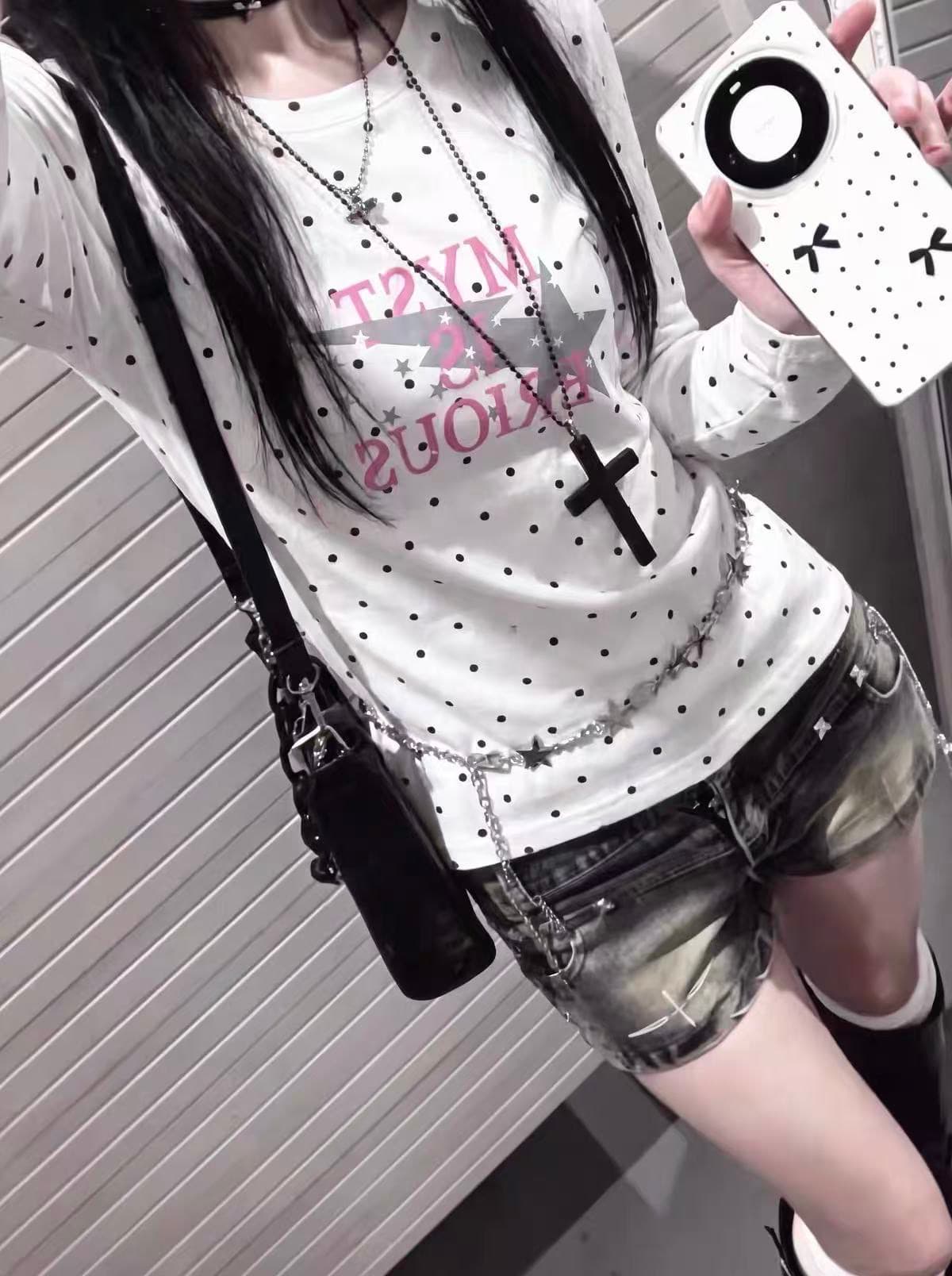 220 그램 40 빗질하다 92 면 한 부서 프린트 도트 무늬 긴팔 티셔츠 여성 몸매 가꾸기 라운드 넥 맨위