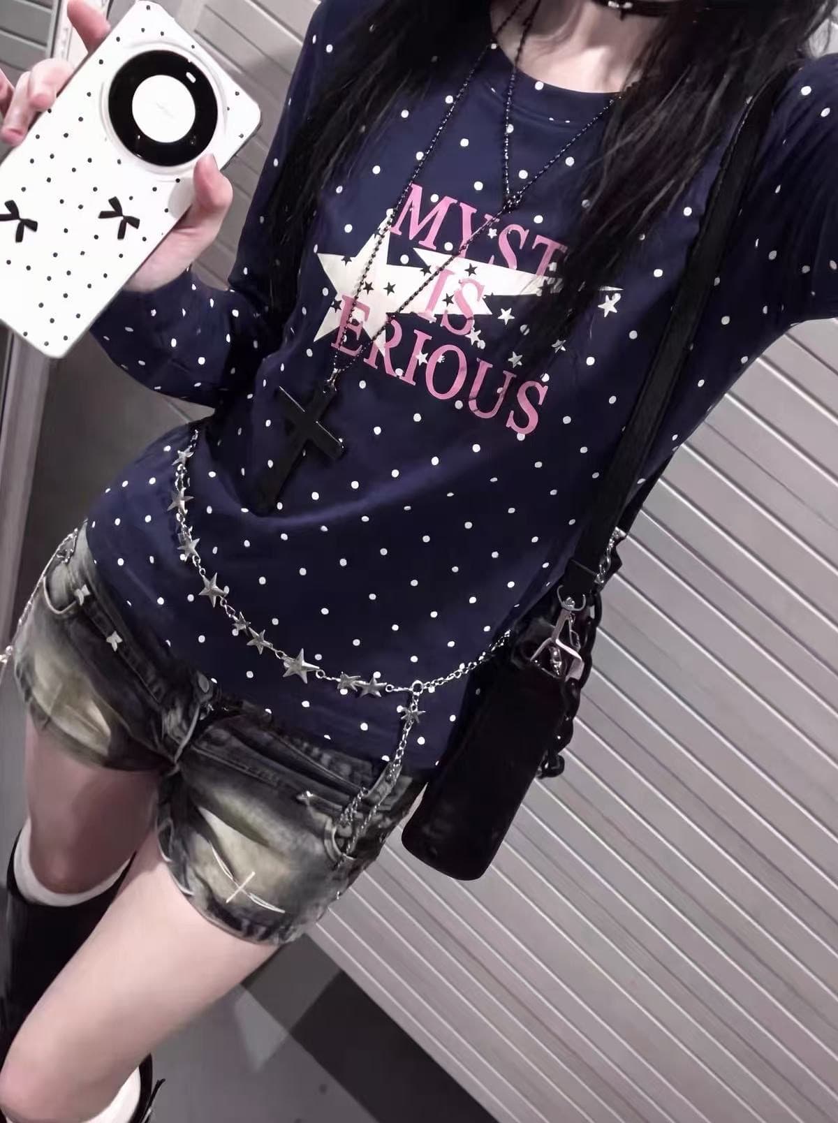 220 그램 40 빗질하다 92 면 한 부서 프린트 도트 무늬 긴팔 티셔츠 여성 몸매 가꾸기 라운드 넥 맨위 이미지 3
