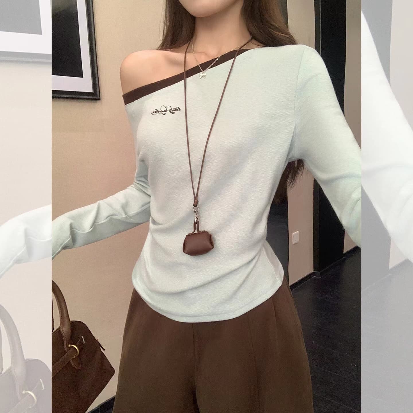 한 부서 핫걸 바람 비스듬한 칼라 오프숄더 긴팔 티셔츠 여성 몸매 가꾸기 슬림해 보이는 캐주얼 다용도 맨위 여성