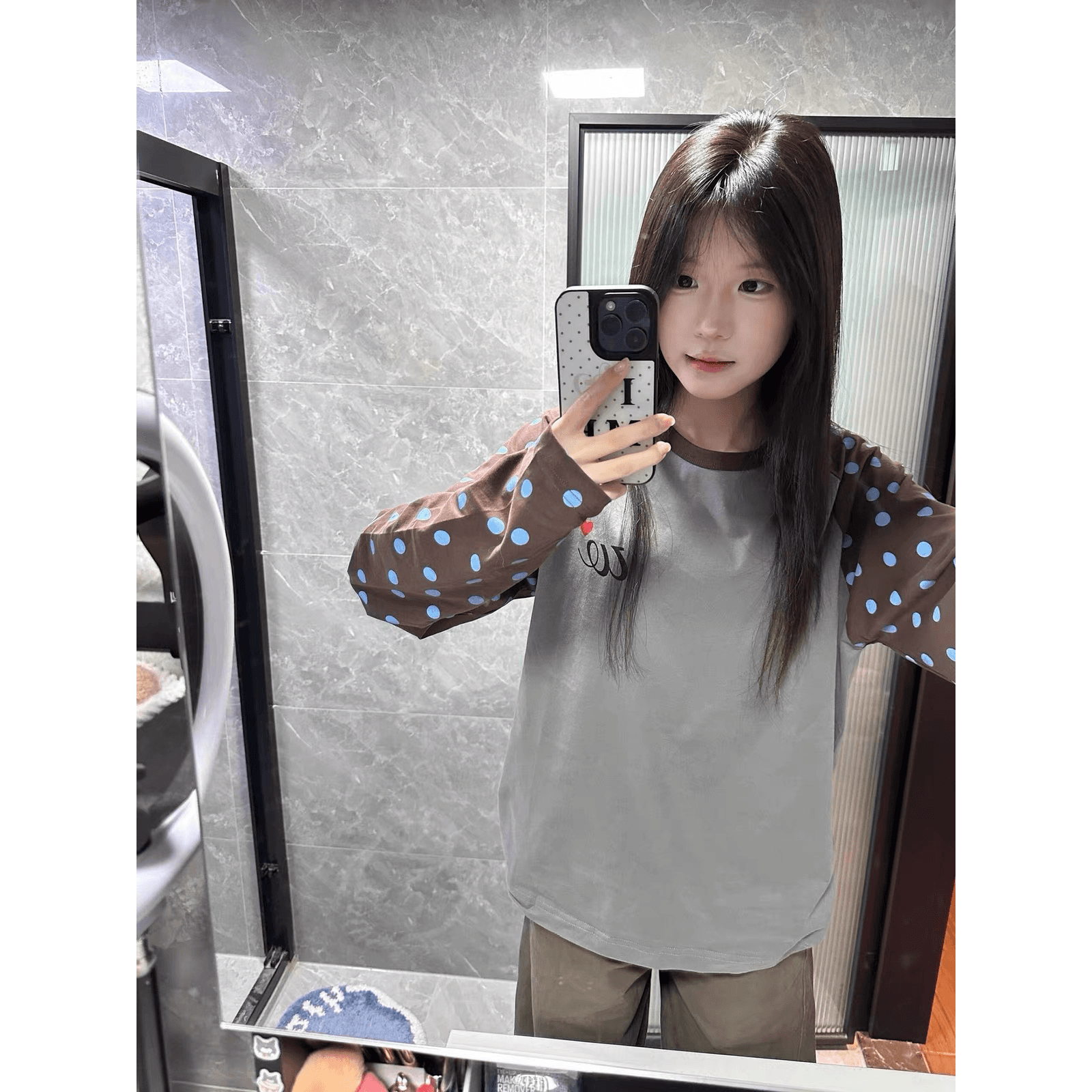 소매 압력 라인 순면 220 그램 아메리칸 도트 무늬 패치워크 새로운 긴팔 티셔츠 여성 이미지 5