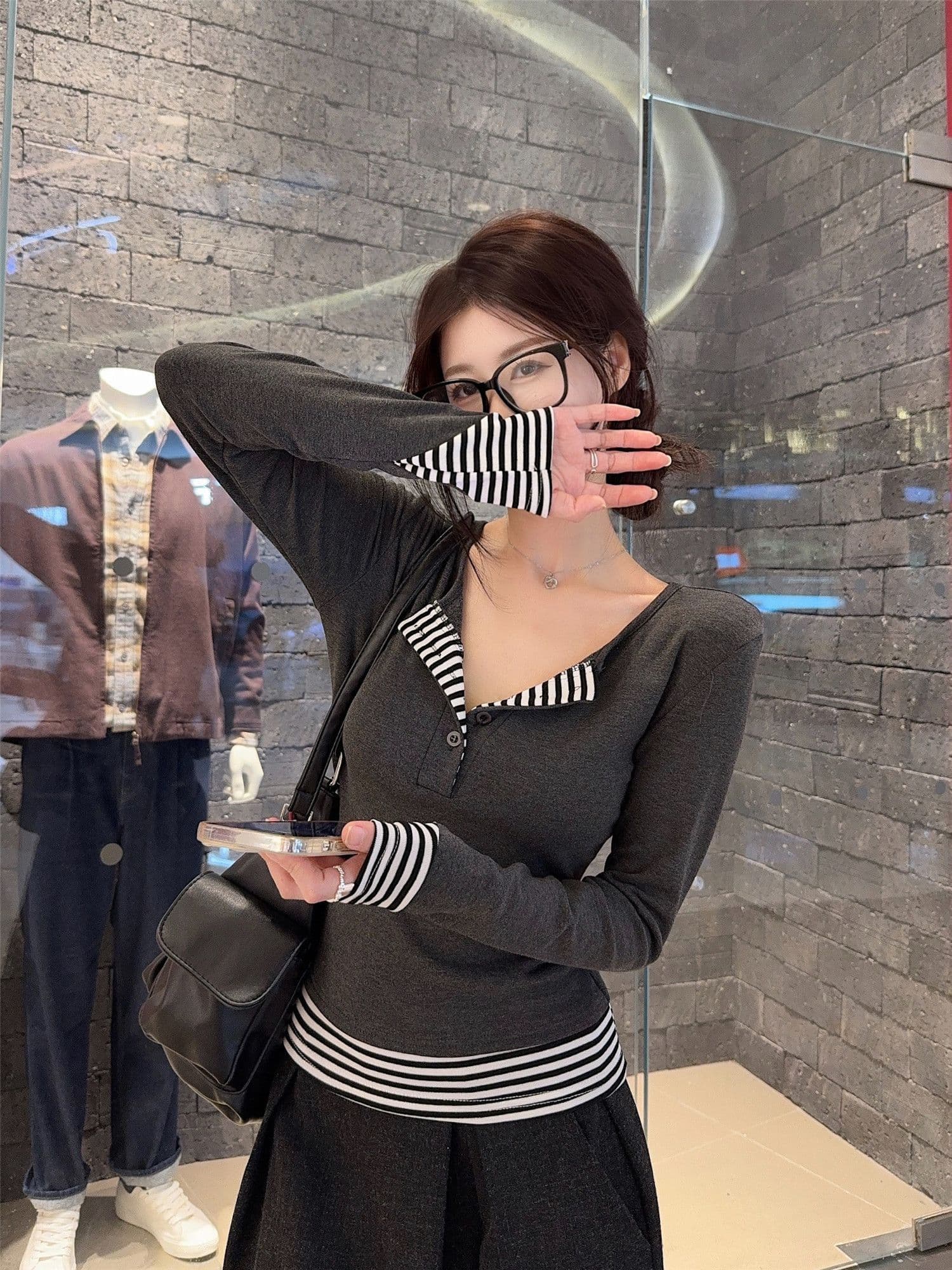 사람들 면 260 그램 원본 품질 디자인 센스 핫걸 스트라이프 패치워크 티셔츠 여성 의류 가을 패치워크 반 개방 칼라 이미지 3