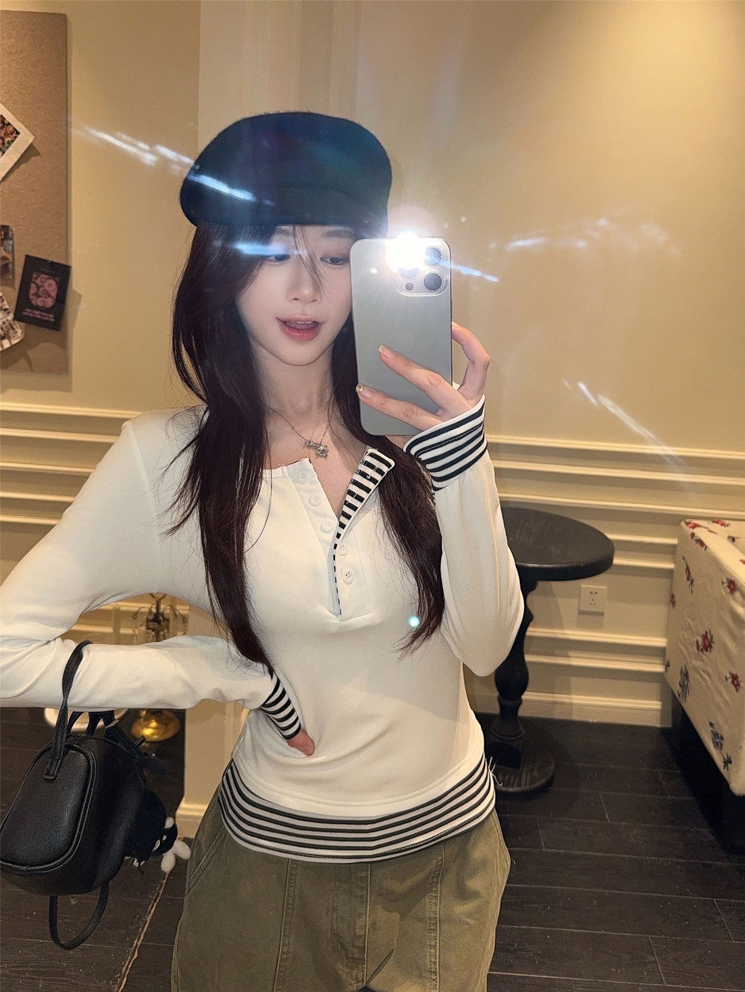 사람들 면 260 그램 원본 품질 디자인 센스 핫걸 스트라이프 패치워크 티셔츠 여성 의류 가을 패치워크 반 개방 칼라 상세 이미지 7