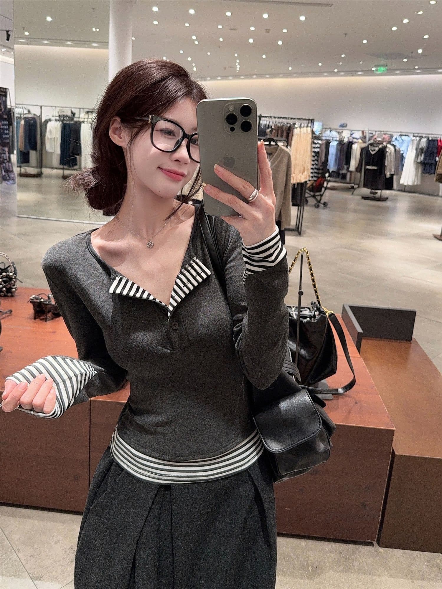 사람들 면 260 그램 원본 품질 디자인 센스 핫걸 스트라이프 패치워크 티셔츠 여성 의류 가을 패치워크 반 개방 칼라 상세 이미지 20