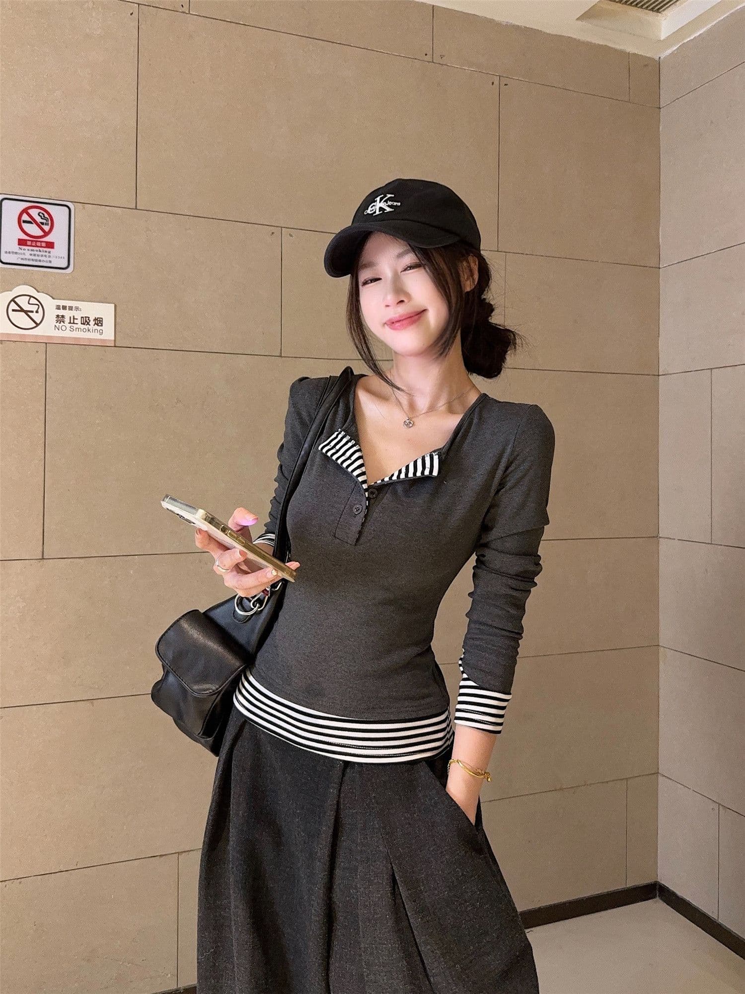 사람들 면 260 그램 원본 품질 디자인 센스 핫걸 스트라이프 패치워크 티셔츠 여성 의류 가을 패치워크 반 개방 칼라 상세 이미지 24