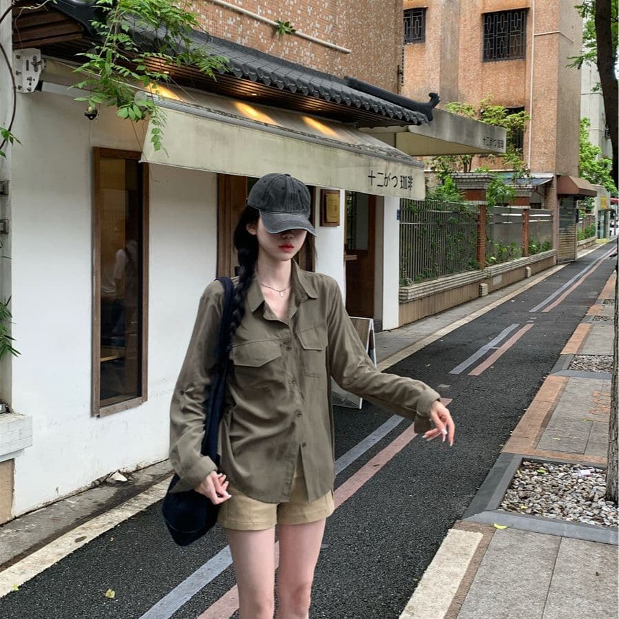 레트로 느긋한 바람 긴팔 POLO 칼라 여성 셔츠 봄 가을 루즈핏 슬림해 보이는 오픈 가디건 셔츠 군용 녹색 다용도 맨위 이미지 2
