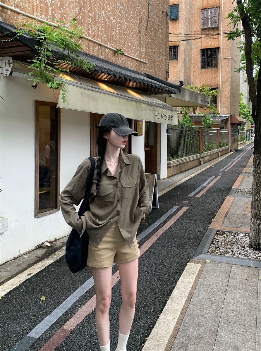 레트로 느긋한 바람 긴팔 POLO 칼라 여성 셔츠 봄 가을 루즈핏 슬림해 보이는 오픈 가디건 셔츠 군용 녹색 다용도 맨위 상세 이미지 4