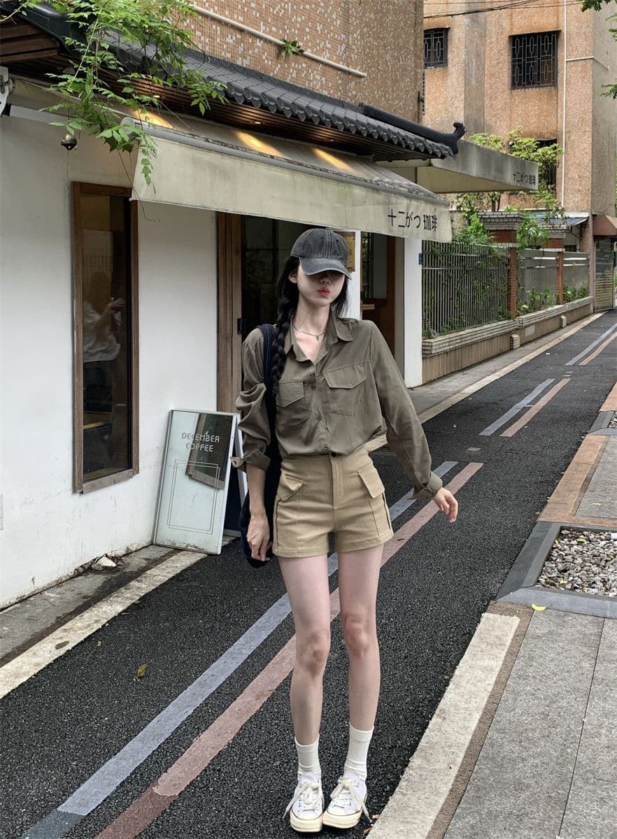 레트로 느긋한 바람 긴팔 POLO 칼라 여성 셔츠 봄 가을 루즈핏 슬림해 보이는 오픈 가디건 셔츠 군용 녹색 다용도 맨위 상세 이미지 5