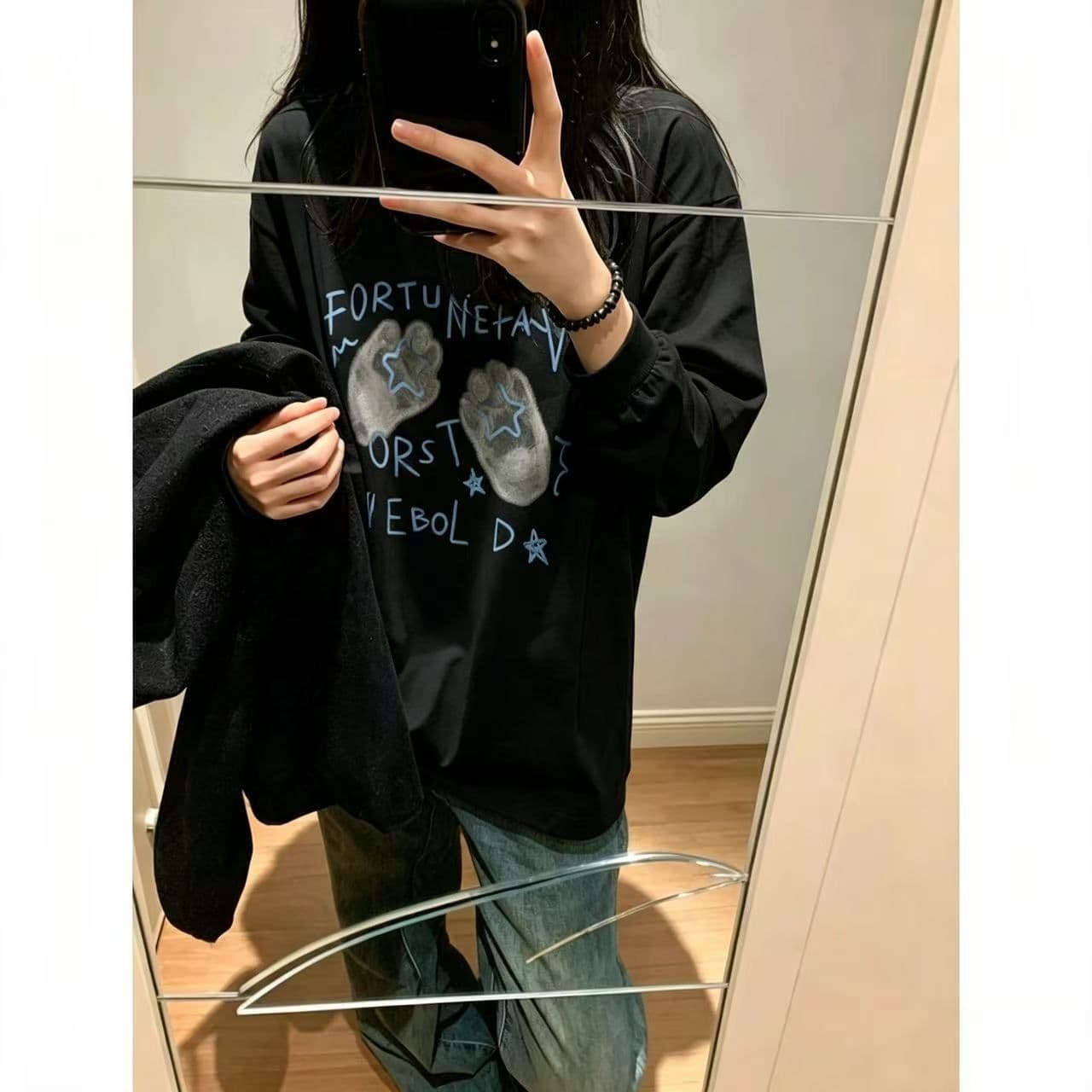 원본 것 순면 200그램 21 음식 털 느낌 프린트 루즈핏 손 소매 뭉치 구두 긴팔 티셔츠 여성 이미지 3