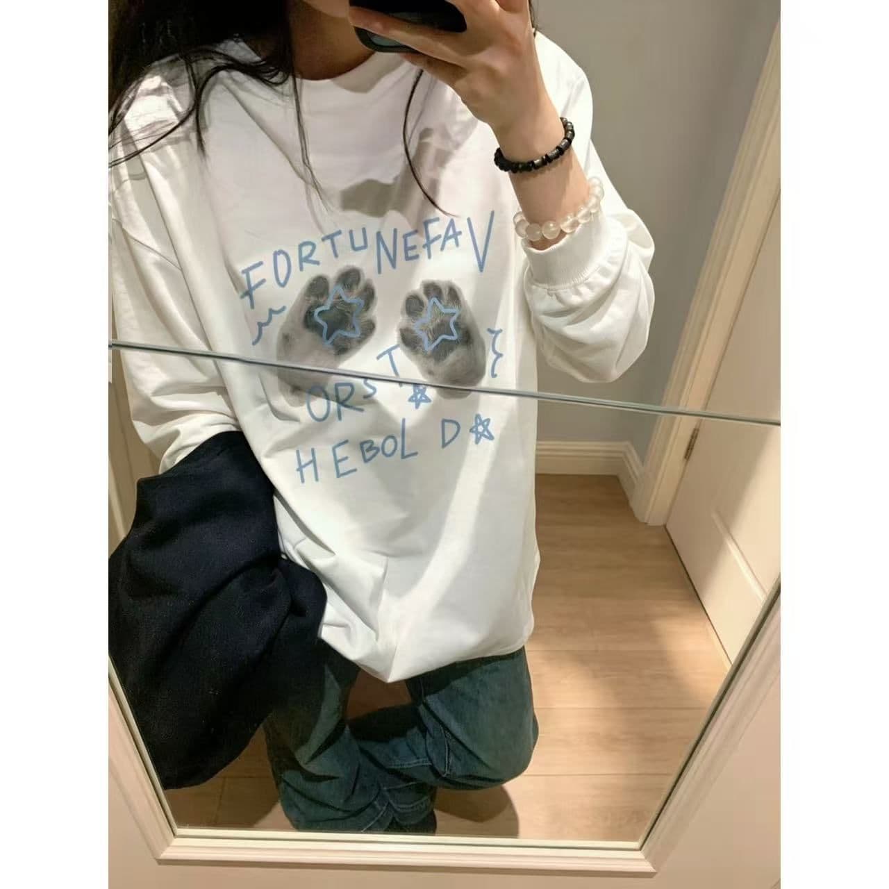 원본 것 순면 200그램 21 음식 털 느낌 프린트 루즈핏 손 소매 뭉치 구두 긴팔 티셔츠 여성 상세 이미지 1