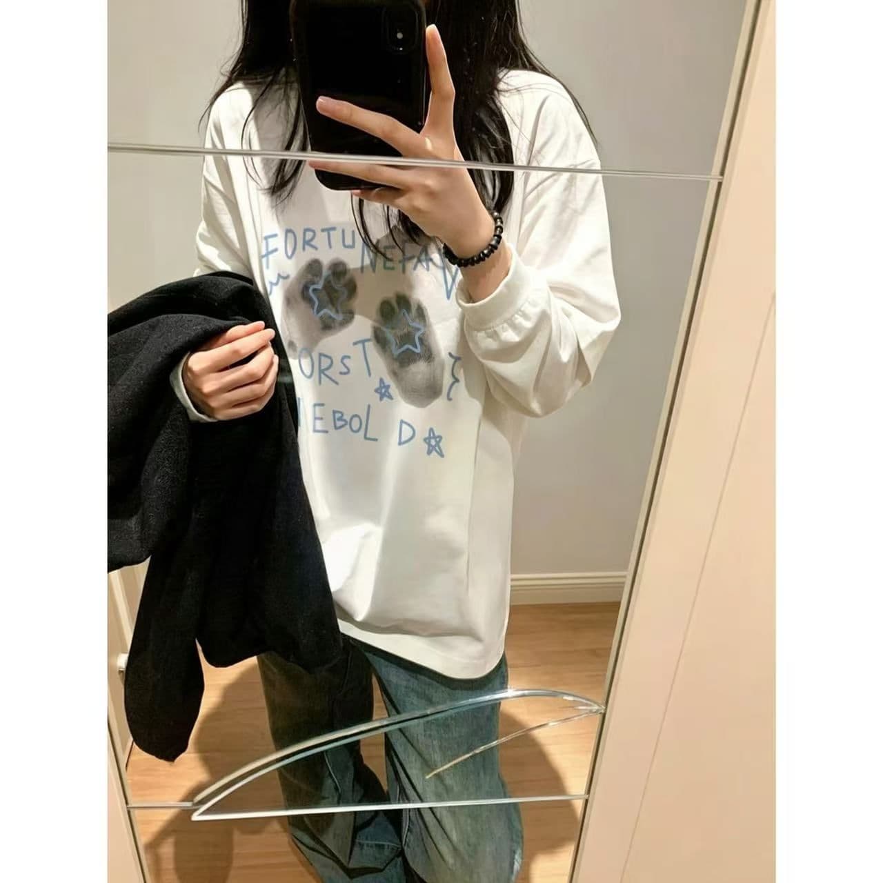 원본 것 순면 200그램 21 음식 털 느낌 프린트 루즈핏 손 소매 뭉치 구두 긴팔 티셔츠 여성 상세 이미지 3