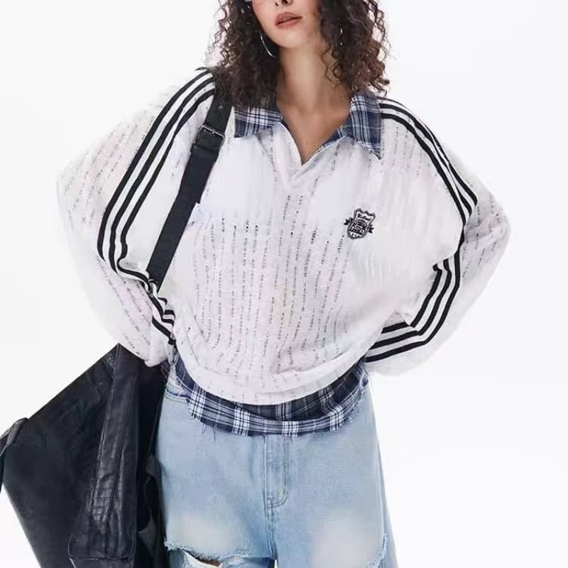 광저우 원본 원단 레트로 봄 가을 홀로우 아웃 긴팔 맨위 체크무늬 패치워크 페이크 레이어드 polo 웨이 여성 의류 이미지 5