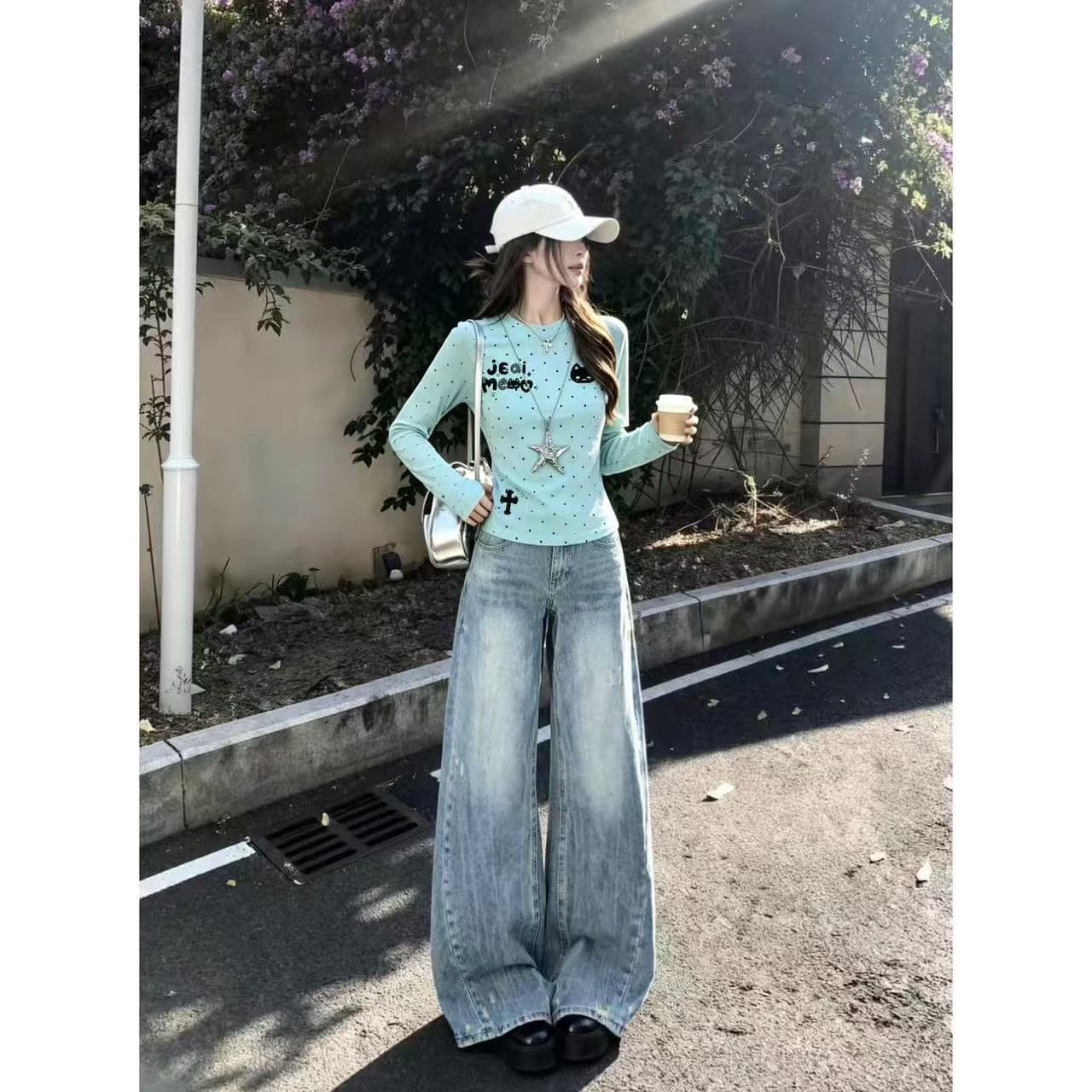 220 그램 40 빗질하다 92 면 8 암모니아 Lun 도트 무늬 몸매 가꾸기 프린트 긴팔 티셔츠 여성