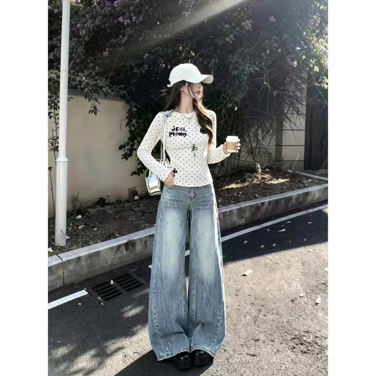 220 그램 40 빗질하다 92 면 8 암모니아 Lun 도트 무늬 몸매 가꾸기 프린트 긴팔 티셔츠 여성 상세 이미지 4