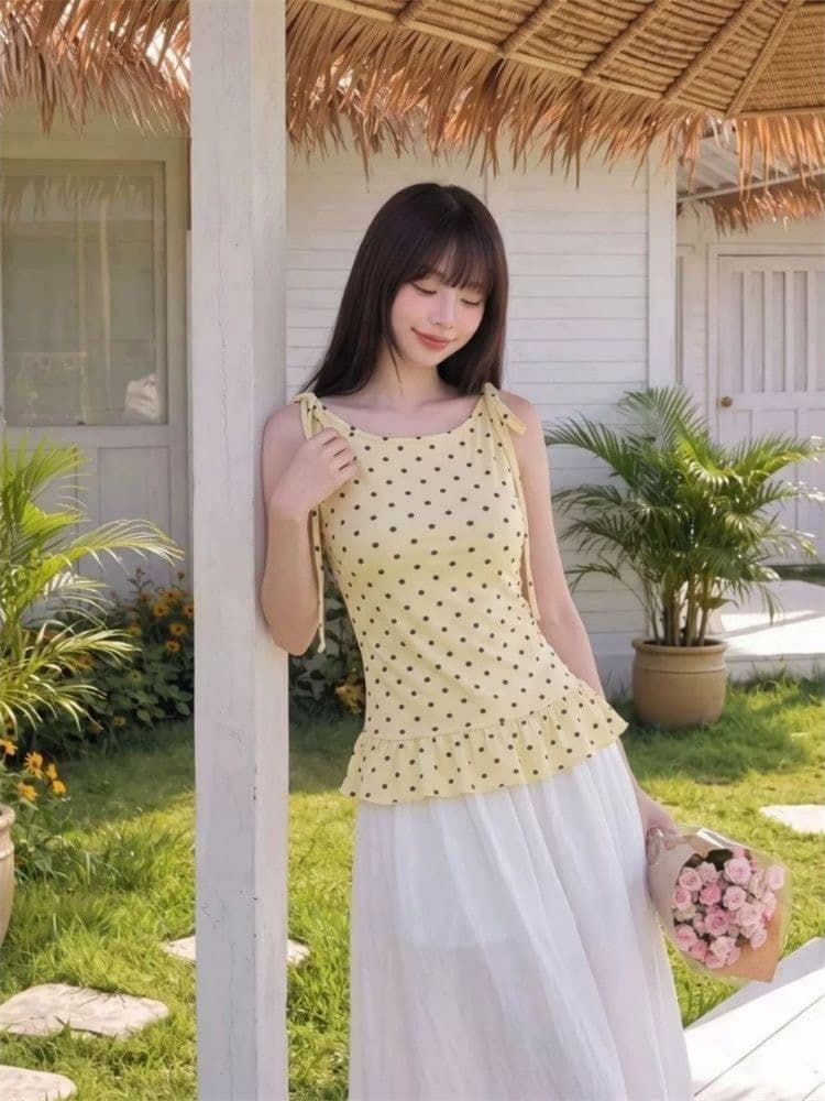 260 그램 사람들 면 모달 도트 무늬 스트랩 슬립 여성 허리 수축 프릴 맨위 이미지 4