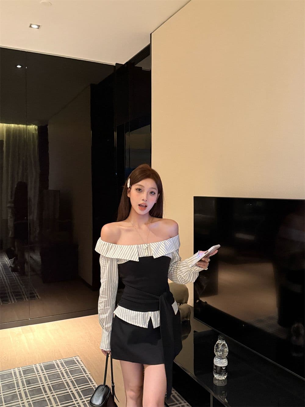 원본 것 순수한 욕망 바람 스트랩 패치워크 오프숄더 긴팔 여성 셔츠 배색 스트라이프 가을 맨위 상세 이미지 4