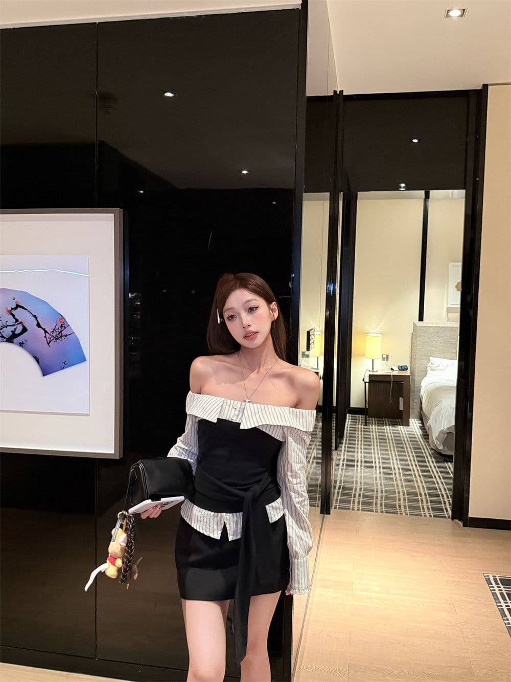 원본 것 순수한 욕망 바람 스트랩 패치워크 오프숄더 긴팔 여성 셔츠 배색 스트라이프 가을 맨위 상세 이미지 16