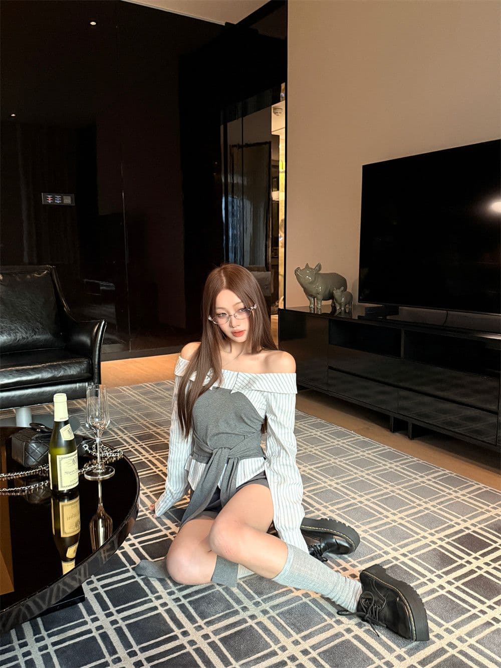 원본 것 순수한 욕망 바람 스트랩 패치워크 오프숄더 긴팔 여성 셔츠 배색 스트라이프 가을 맨위 상세 이미지 28