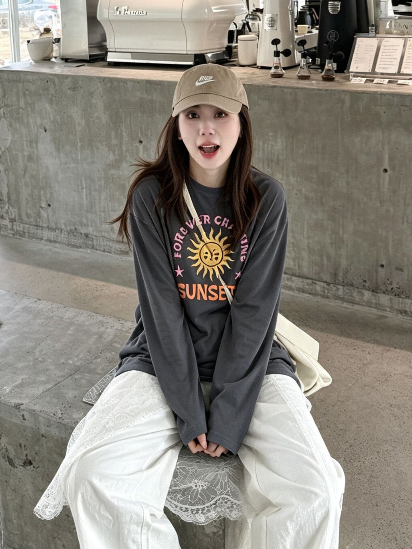 높은 품질 순면 200그램 21 빗질하다 정밀 프린트 가을 루즈핏 긴팔 티셔츠 여성 이미지 2