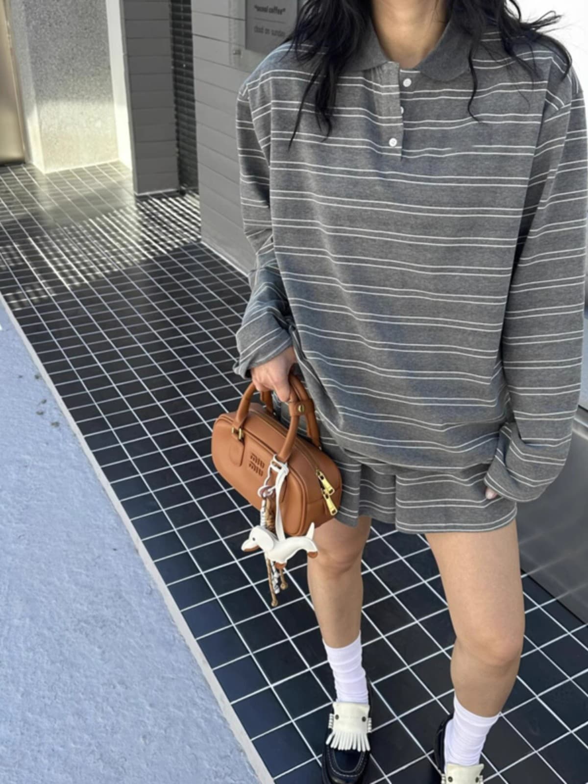 원본 순면 컬러 짜임 기사 높은 품질 스포츠 슈트 세트 여성 루즈핏 스트라이프 POLO 칼라 후드티 반바지 두 조각