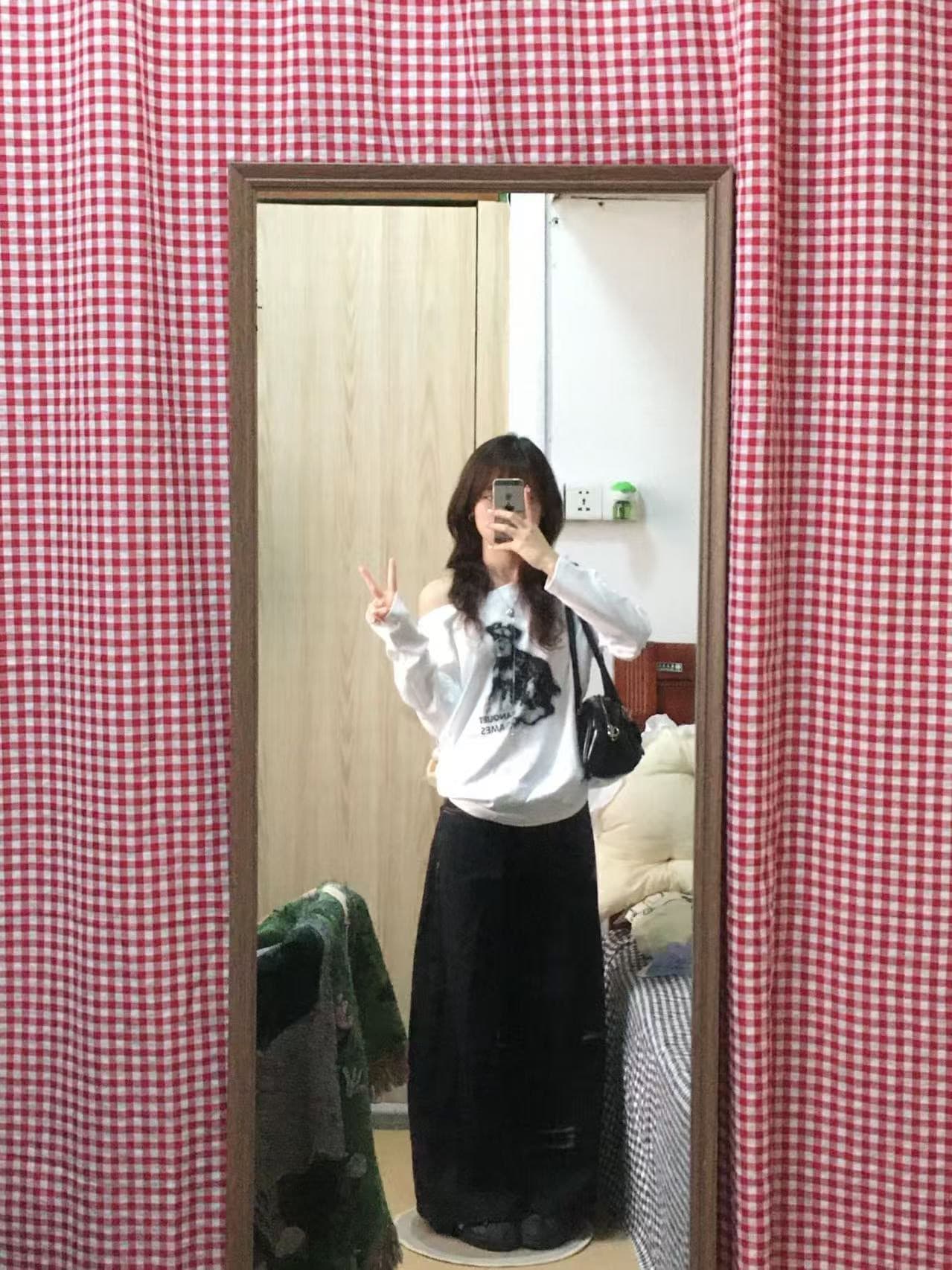 아메리칸 레트로 순면 비스듬한 오프숄더 긴팔 티셔츠 여성