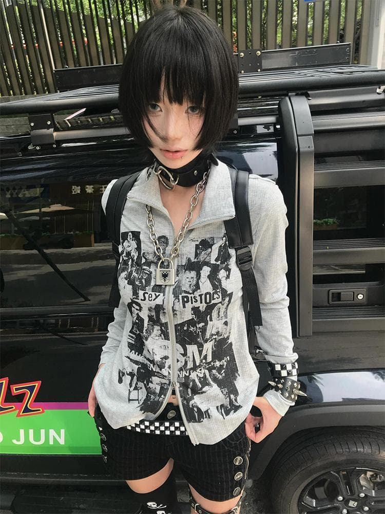 아메리칸 레트로 후드티 오픈 가디건 여성 가을 펑크 긴팔 티셔츠 몸매 가꾸기 vintage 이문화 지퍼 맨위 상세 이미지 2