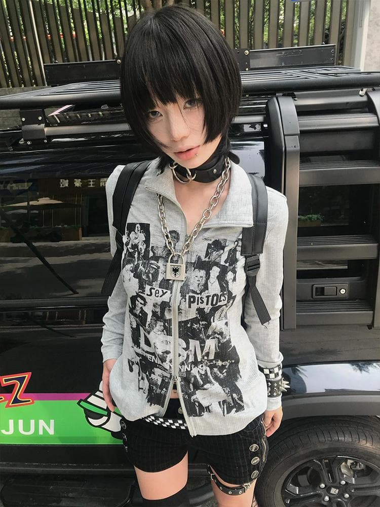 아메리칸 레트로 후드티 오픈 가디건 여성 가을 펑크 긴팔 티셔츠 몸매 가꾸기 vintage 이문화 지퍼 맨위 상세 이미지 5