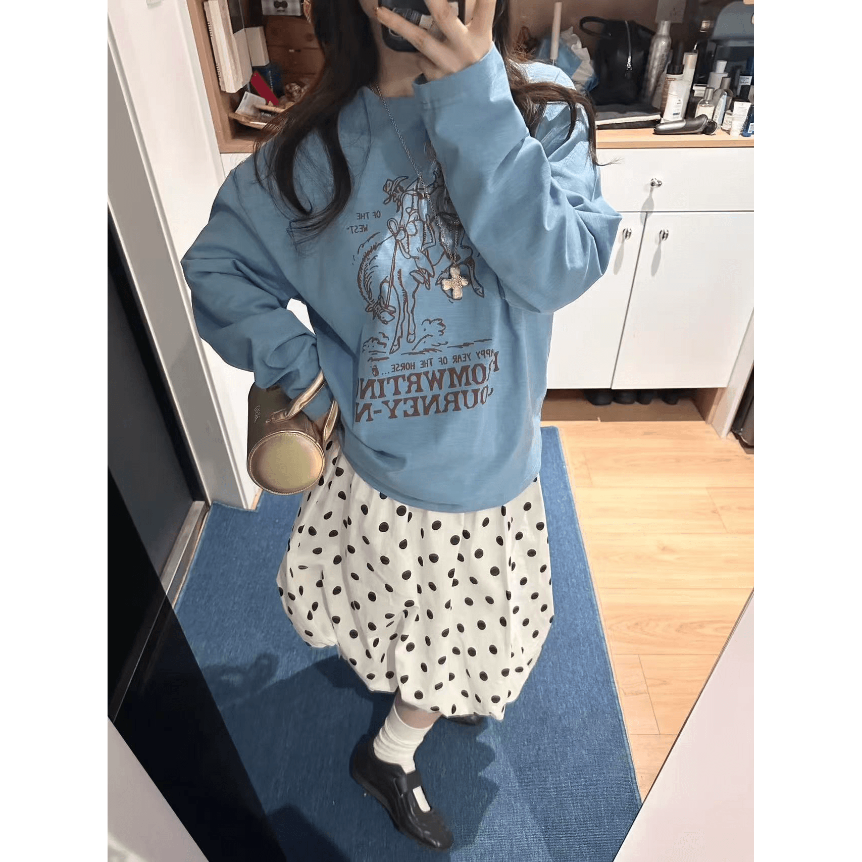 순면 230 아메리칸 레트로 긴팔 티셔츠 여성 루즈핏 캐주얼 프린트 다용도 캐주얼 새로운 맨위 여성 이미지 5