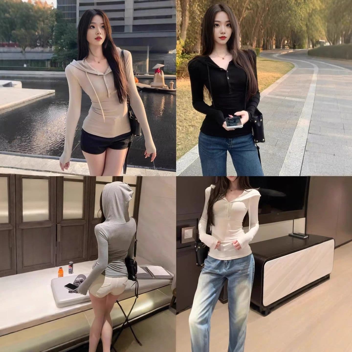 260 그램 사람들 면 아메리칸 핫걸 반 개방 V넥 단추 후드 긴팔 티셔츠 여성 이른 가을 슬림해 보이는 몸매 가꾸기 맨위 여성 이미지 4