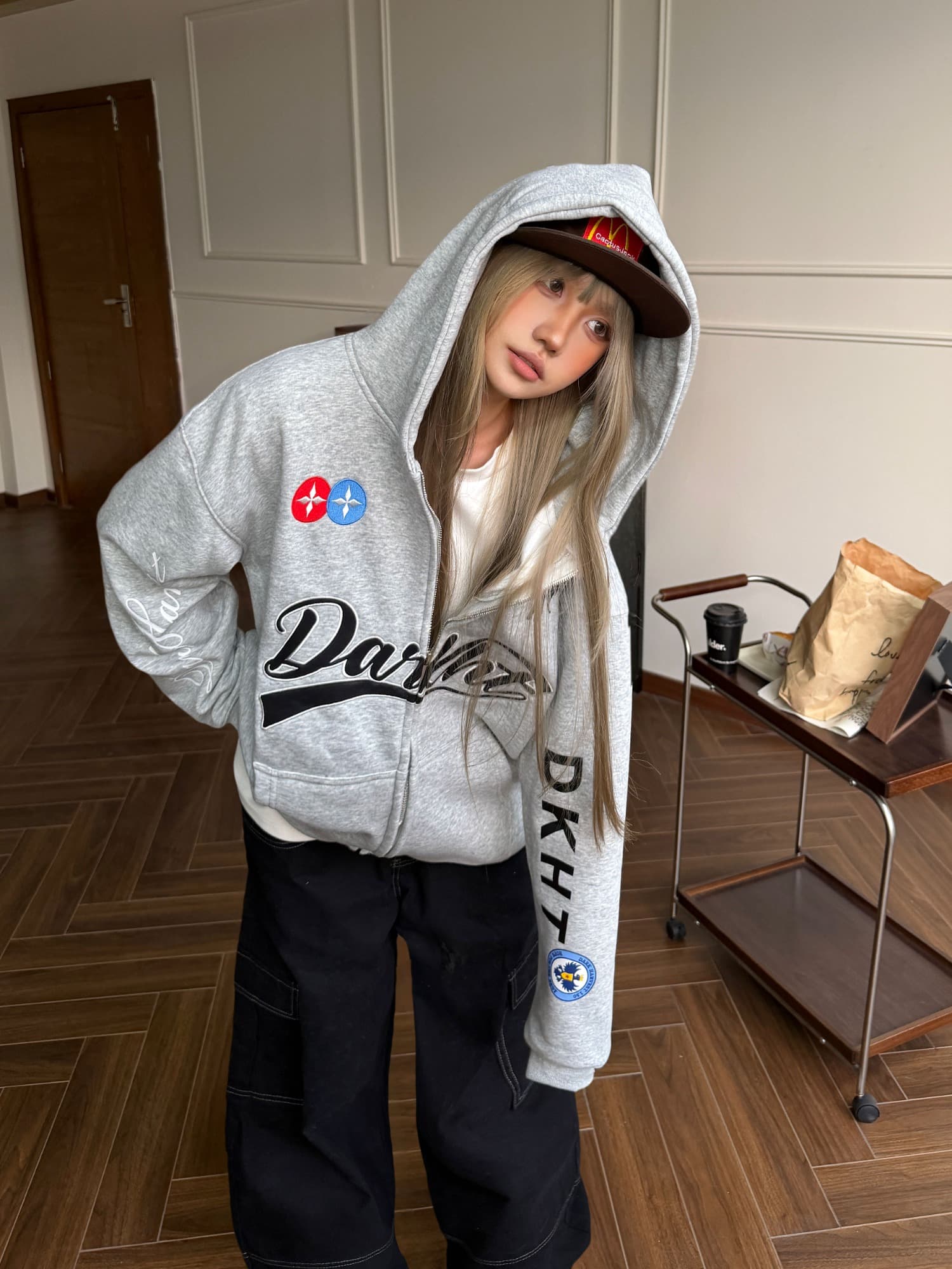 아메리칸 레트로 날다 말 알파벳 자수 후드 티 스웨터 남녀 캐주얼 다용도 루즈핏 카디건 코트 트렌디 상세 이미지 20
