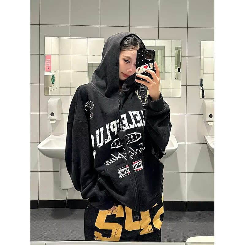 아메리칸 레트로 레이싱 바람 마 오래된 워싱 후드 오픈 가디건 후드티 여성 봄과 가을 지퍼 재킷 트렌디 상세 이미지 10