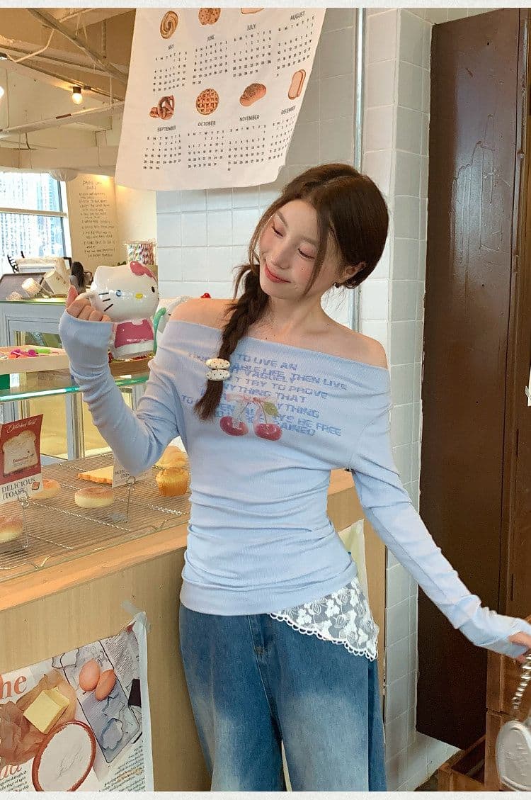 사람들 면 달콤한 핫걸 체리 프린트 오프숄더 긴팔 티셔츠 소녀 새로운 몸매 가꾸기 슬림해 보이는 오프숄더 맨위 상세 이미지 7