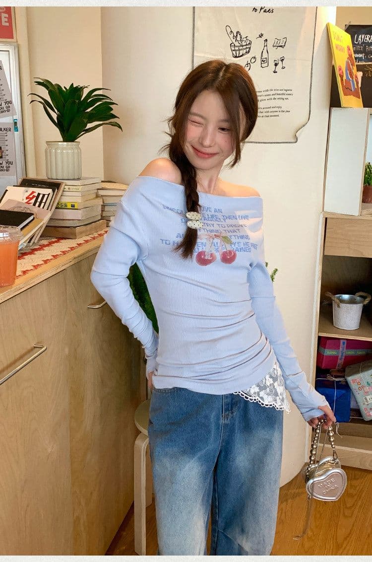 사람들 면 달콤한 핫걸 체리 프린트 오프숄더 긴팔 티셔츠 소녀 새로운 몸매 가꾸기 슬림해 보이는 오프숄더 맨위 상세 이미지 9