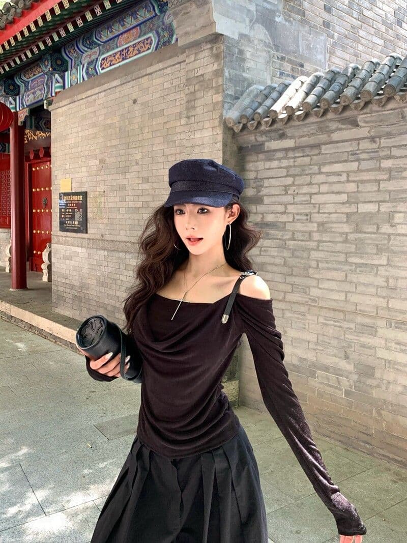 원본 떨리는 소리 천 오프숄더 센스 흔들다 칼라 가죽 어깨끈 긴팔 단색 티셔츠 오프숄더 몸매 가꾸기 슬림해 보이는 여성 셔츠 상세 이미지 15