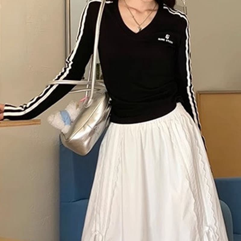40 순면 이후 패키지 칼라 스트라이프 V넥 기본 셔츠 맨위 조기 가을 여성 순면 알파벳 자수 티셔츠 상세 이미지 2
