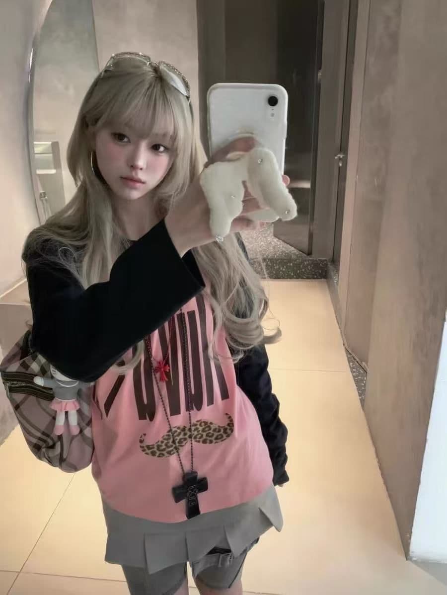 200그램 순면 플러그 루오 모방 당겨서 어깨 테두리 긴팔 티셔츠 여성 이미지 3