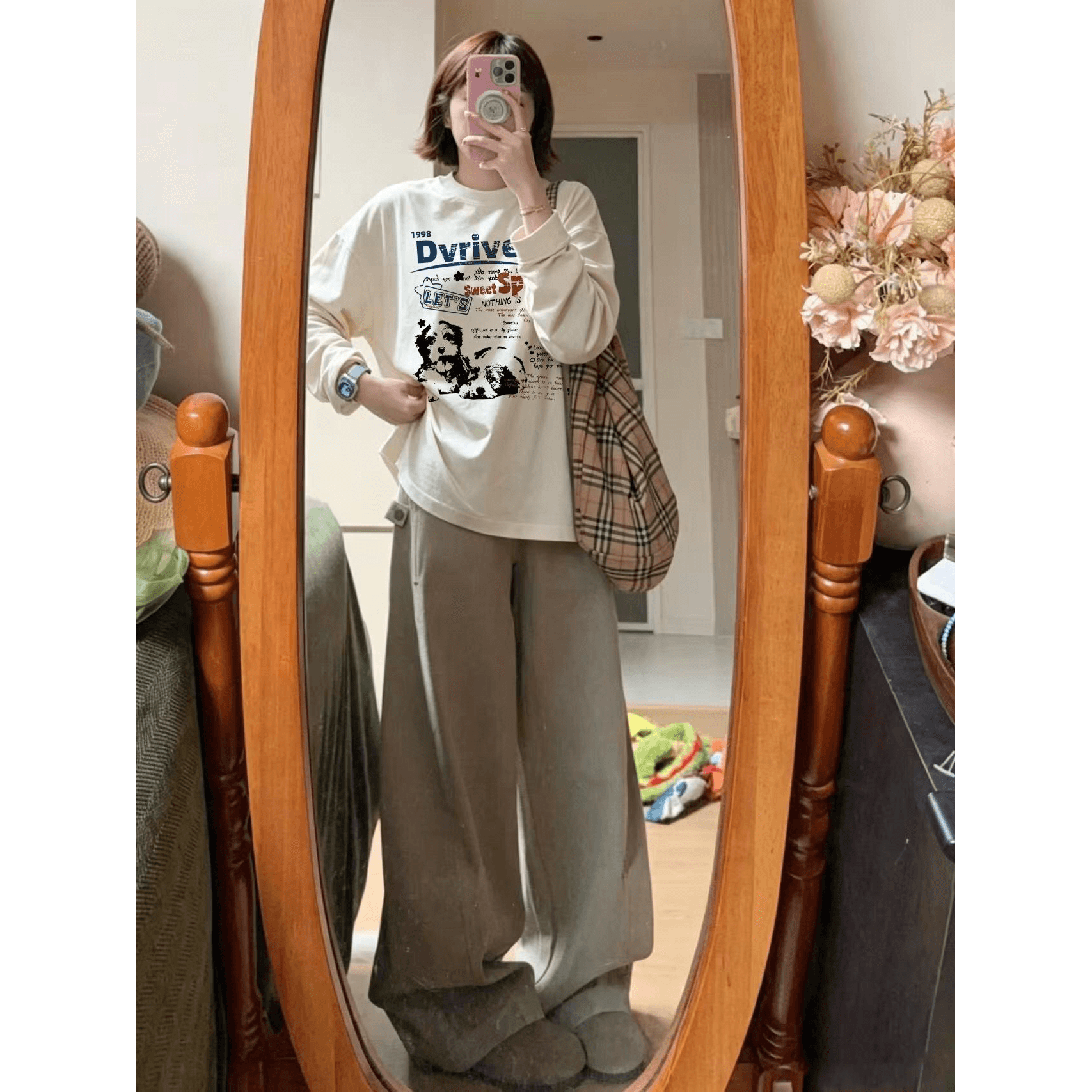 높은 품질 순면 200그램 21 빗질하다 정밀 프린트 가을 루즈핏 긴팔 티셔츠 여성 이미지 5