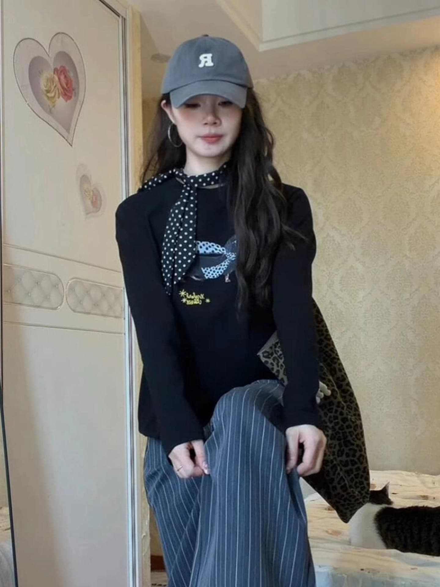 높은 품질 순면 200그램 21 빗질하다 정밀 프린트 가을 루즈핏 긴팔 티셔츠 여성